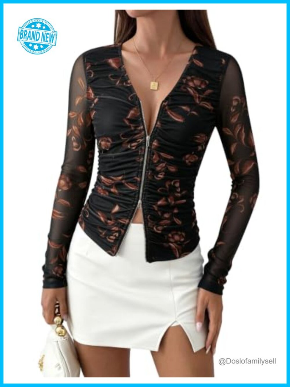 Mesh Long Sleeve Zip Up V Neck Ruched Slim Fit Blouse Top